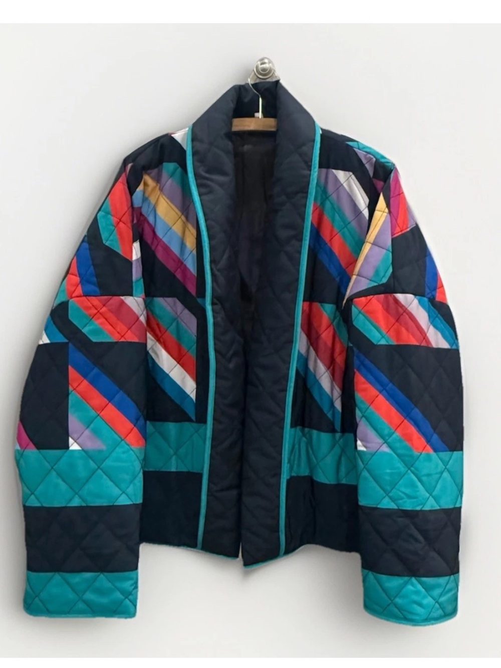Geometric Colorblock Quilted Jacket Womens M Retro Open Front Lightweight Coat